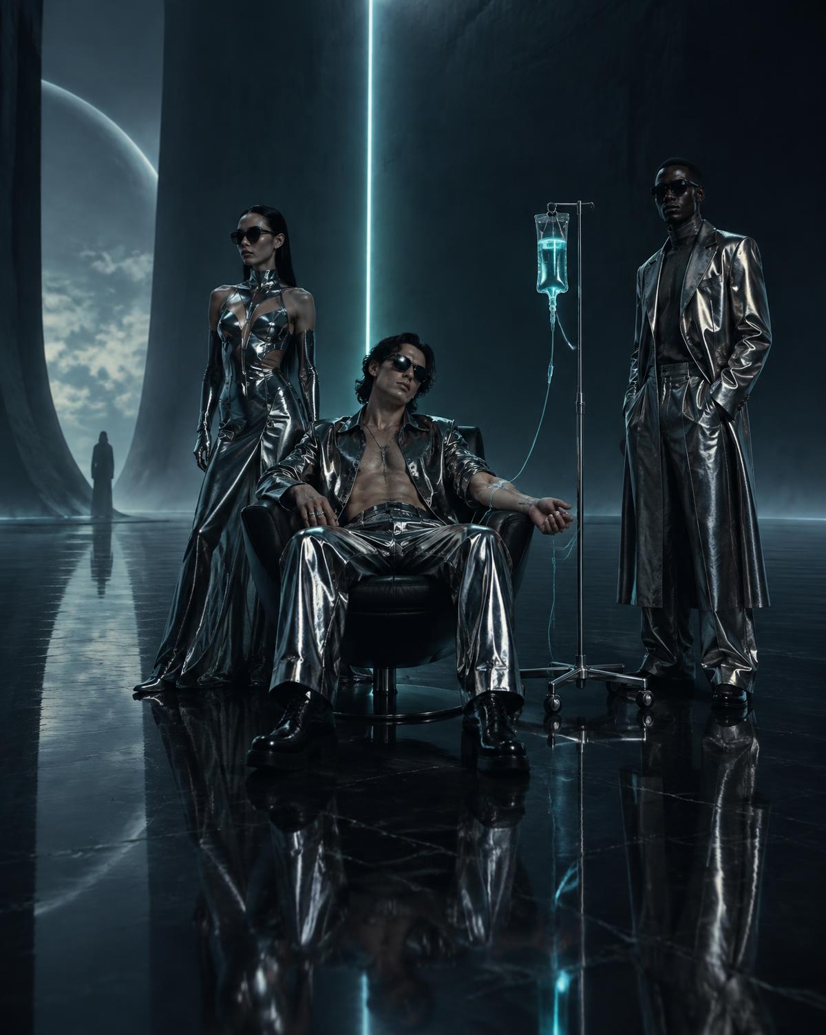 Guests receiving discreet IV care in a dark futuristic lounge setting