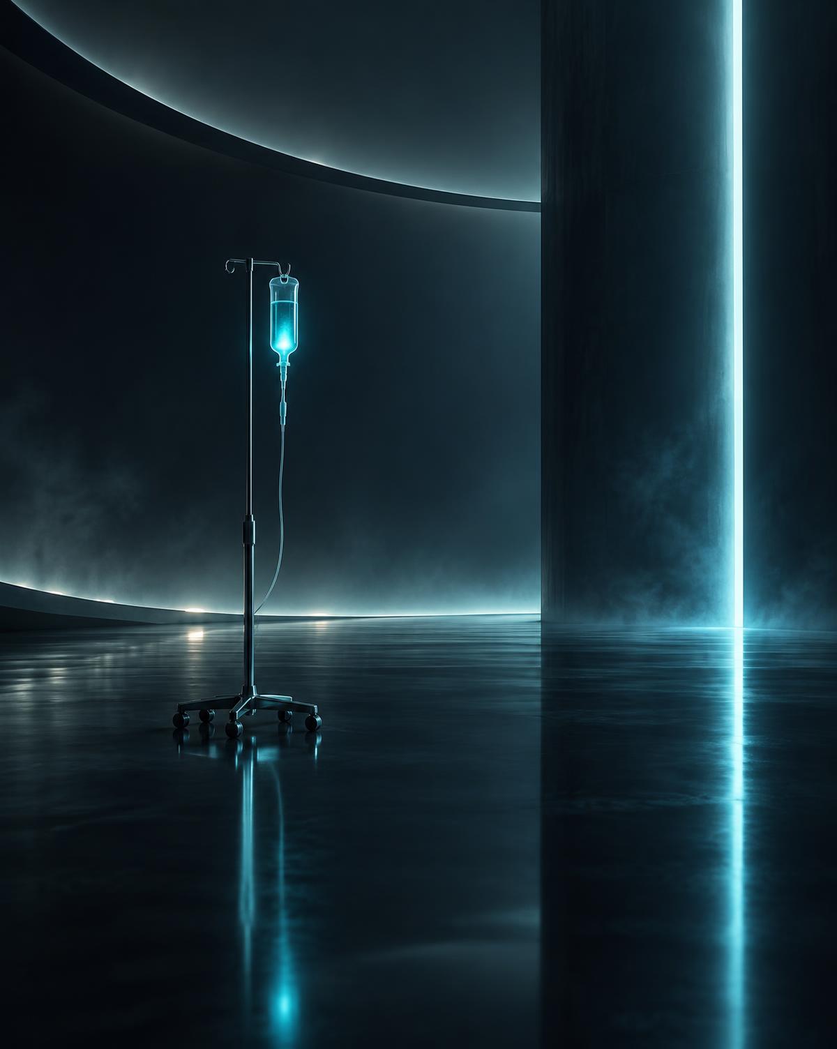 Glowing IV setup in a minimal futuristic room
