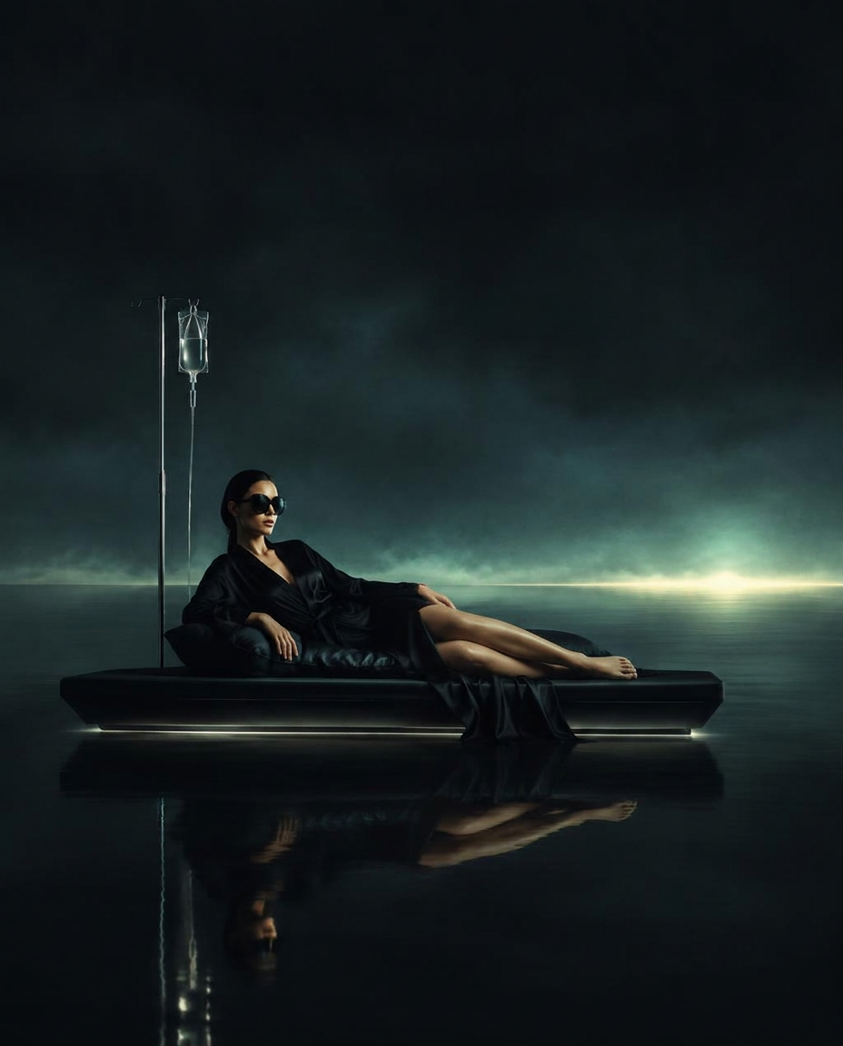 Woman in dark sunglasses and a black silk robe reclining on a floating platform with an IV infusion, vast dark mist and a faint teal dawn horizon