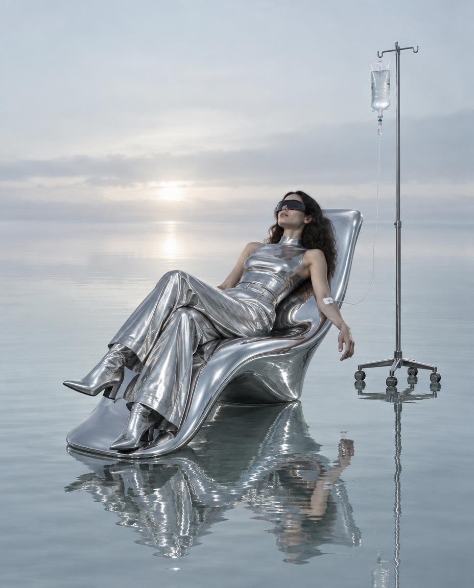 Woman in a black silk robe and dark sunglasses reclining on a black daybed floating on dark water, chrome IV stand and a teal horizon glow