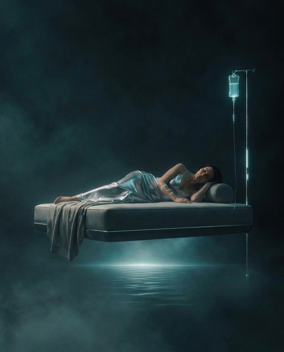 Woman in sunglasses and soft loungewear lying on a daybed floating in a dark misty void with a softly glowing IV infusion