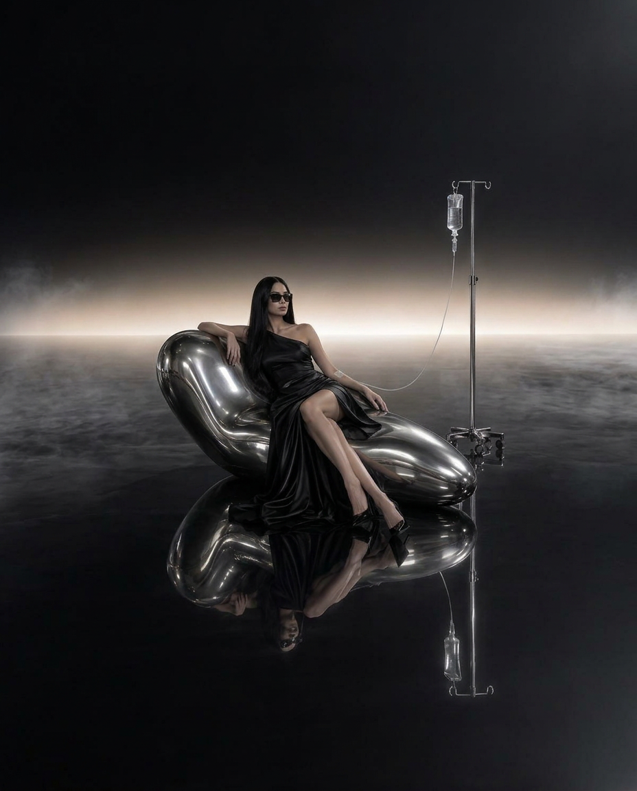 Woman in sunglasses and a black evening dress standing in soft iridescent mist with an IV infusion stand under a gentle spotlight