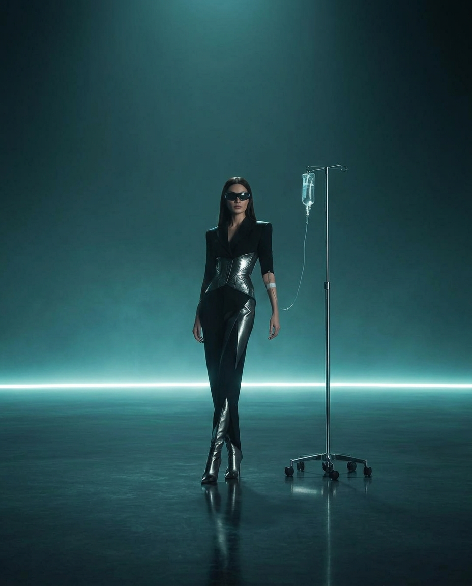 Woman in a shimmering evening gown and sunglasses standing in a dark reflective void with distant city lights and an IV infusion stand